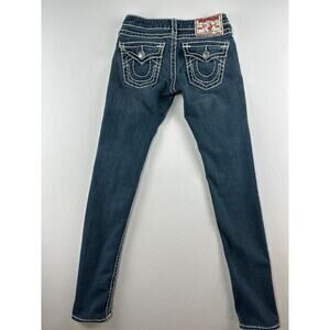 True Religion Julie Super T Distressed 27x33 Dark Wash Flap Pockets USA Lowrise